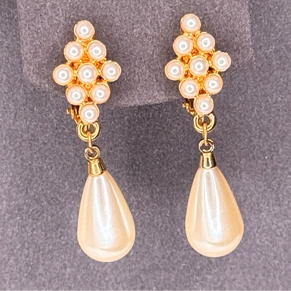 Vintage Napier Faux Pearl Cluster Drop Earrings 50s Screwback Gold Tone Dangles - Picture 1 of 7